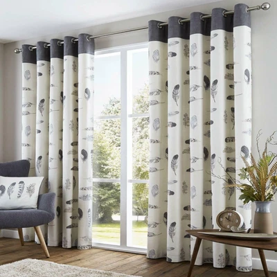 £5.95 • Buy Idaho Eyelet Curtains Grey Feather Print Ready Made Lined Ring Top Curtain Pairs