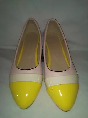 Jin Pin Springtime Pink Yellow White Color Block Low Wedge Patent Leather Pumps • £28.95