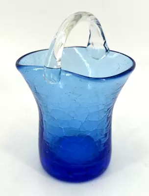 Crackle Glass Basket Vase Mini Blue Art Glass 4.5  Tall Vintage • £11.57