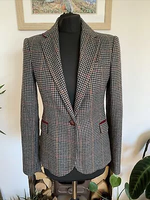 ZARA Checked Houndstooth Wool Blend Hacking Jacket Blazer Elbow Patches Size M • £39.99
