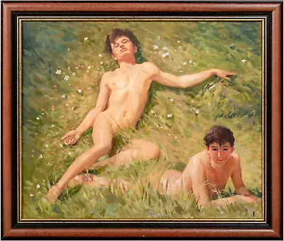 Large 20th Century European School Nude Males Summer Grass Portrait - Signed • £2500