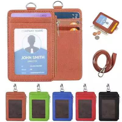 New ID Badge Card Holder Synthetic Leather Vertical Clip Neck Strap Lanyard Case • $7.18