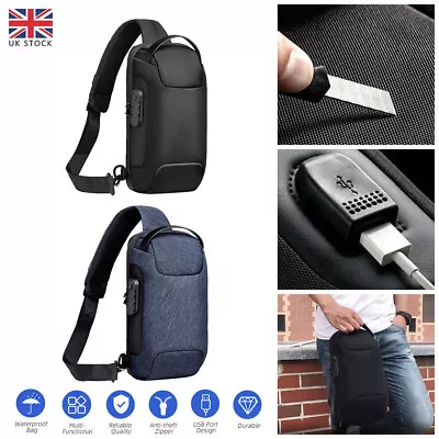 Men's Crossbody Chest Sling Bag Waterproof Anti-theft Backpack USB Charge Port • £10.20