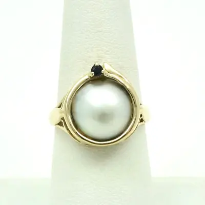 14K Gold Mabe Button Pearl Genuine Sapphire Ring • $329
