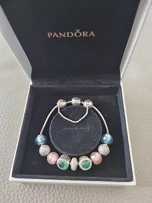 Genuine Pandora 925 ALE Silver Essence Bracelet 9 Charms & Safety Chain • £150
