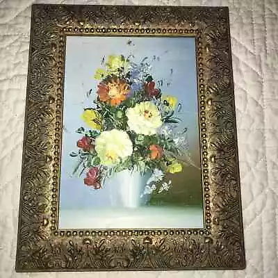 Vintage 70s Hand Painted Original PAINTING Rose Floral Flowers Small Framed  • $58