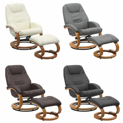 Leather Recliner Chair Armchair Lounge Swivel Sofa Chair W/ Footstool Wood Base • £189.95