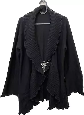 Bon Marche Black Cardigan Ruffle Collar Broach Fasten Flare Sleeve Size M • £16