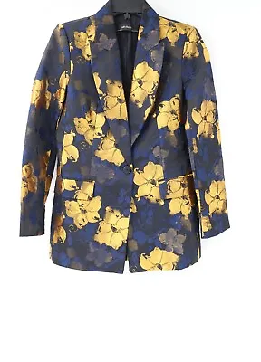 Zara Blazer Women's XS Baroque Metallic Blue Gold Floral Jacquard Jacket RARE • $71.99