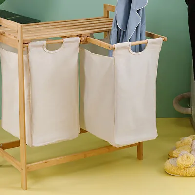 Bamboo Frame Laundry Hamper With Dual Basket Two-Sections Removable Laundry Bags • $37.05