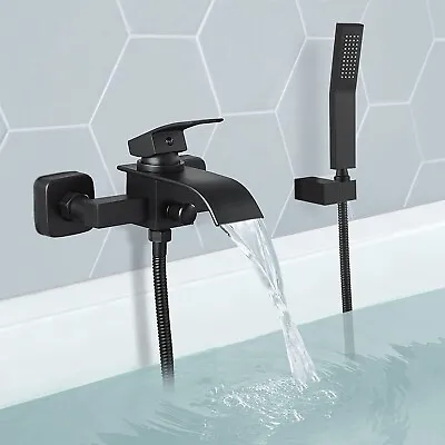 Black Bathroom Bath Tub Mixer Taps Wall Mount Sink Basin Taps With Hand Shower • £59