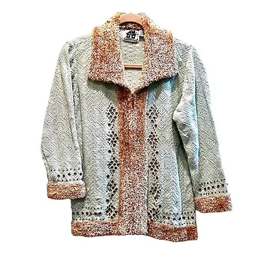 STORYBOOK KNITS Womens Cardigan Size 1X Mint Beaded Vintage Faux Fur Full Zip • $33.91