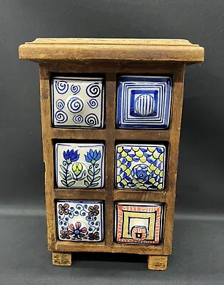 Vintage Wood Chest Spice Cabinet Apothecary Ceramic Colorful Drawers Pier One • $59.99