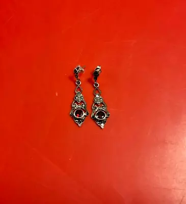 925 Sterling Garnet Marcasite Dangle Earrings 1.5  • $19
