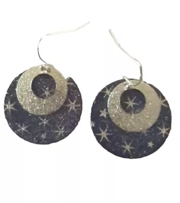 Handmade Moon Stars ✨ Earrings Metal Boho Blue Silver Tone Celestial Sparkles  • $8.48