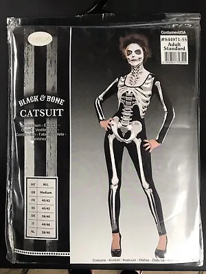 Ladies Skeleton Black & Bone Catsuit Bodysuit Halloween Fancy Dress Costume Sz M • £12.50