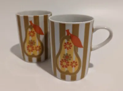 Pair Of Vintage Mid Century Yellow Brown Orange Accent Striped Pear Mugs By JSC • $12.76