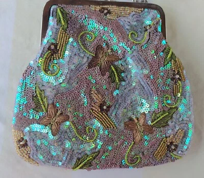 $20 • Buy Vintage Beaded Sequined Embroidered Butterfly Satin Purse Evening Bag  Exc Cond 