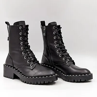 Zara Wmn Black Leather Studded Round Lace-up Combat Boots 6US EUR 36 • $89