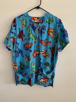 Women's Blue W/ Colorful Frog Printed Cotton Scrub Top Size M Pre-Owned • $10