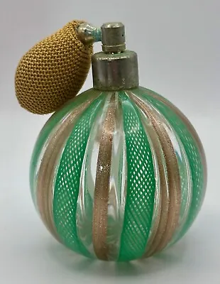 Vintage Murano Italian Art Glass Atomizer Perfume Green Latticino Aventurine Mcm • $45