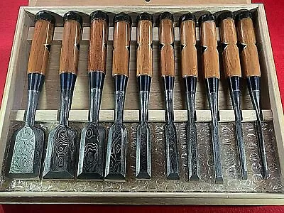 £1185.09 • Buy Japanese Chisel Oire Nomi 10set  Red Oak Damascus(Mokume) Hanyu Yasushi