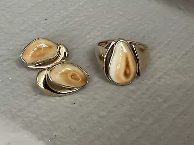 UNIQUE Rocky Mountain Elk Ivory Ring & Matching Earrings In Yellow Gold-Size 7.5 • $1750