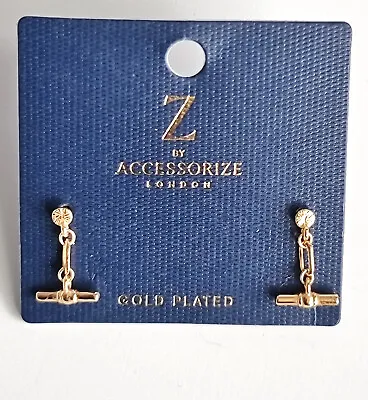 ACCESSORIZE Z 14ct GOLD PLATED MODERN HEIRLOOM T-BAR & COIN STUD EARRINGS • £13.99