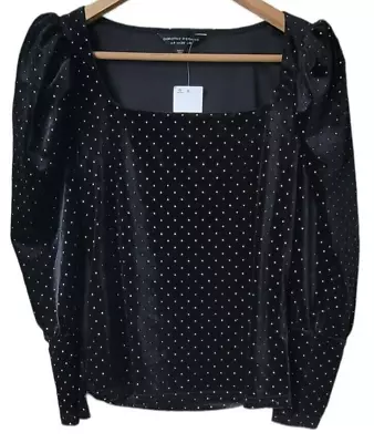 Dorothy Perkins Xmas Black Velvet Sparkle Silver Bead  Puff Sleeve Top  20 28 • £8.99