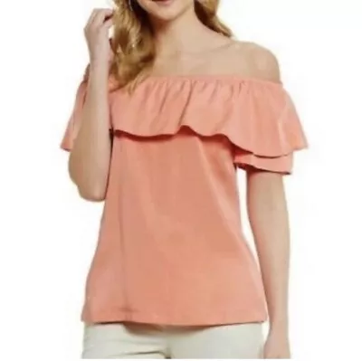 H By Halston Pastel Orange Lyocell Blouse Peach Off The Shoulder Top Size XS • $9