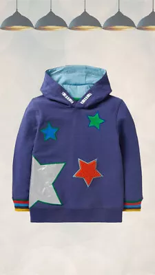 Ex Mini Boden Boy's Long Sleeve Cotton Foil Star Applique Hoodie In Blue Defect • £10.88