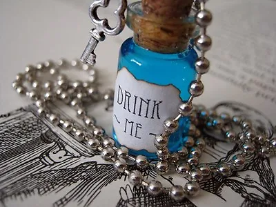 Drink Me Alice In Wonderland - Glass Bottle Necklace - Halloween Cork Vial • $11.24