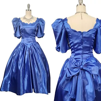 Vtg 80s Prom Dress Sz XS/S Blue Scalloped Bow Puff Sleeve Hi-low Shiny Satin • $134.99