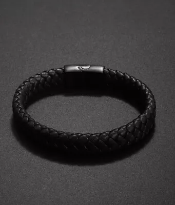 £4.29 • Buy Men's Leather Bracelet Stainless Steel Magnetic Clasp Bangle Black 22cm