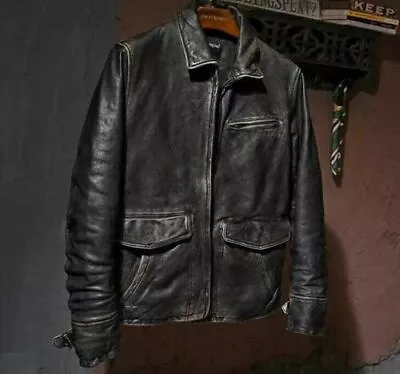 Men’s Motorcycle Biker Vintage Cafe Racer Distressed Black Real Leather Jacket • $129