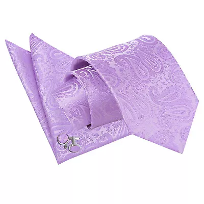 Mens Tie Hanky Cufflinks Set Floral Paisley Lilac Classic Skinny By DQT • £7.99