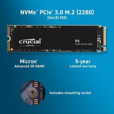 £40.74 • Buy Crucial P3 1TB M.2 PCIe Gen3 NVMe Internal SSD - Up To 3500MB/s - CT1000P3SSD8