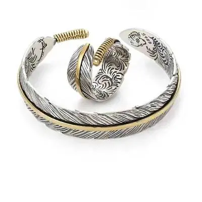 Retro Silver Color Feather Cuff Bangle Vintage Antic Bracelet Leaf Women Ring US • $13.55