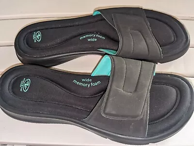 Athletic Works Womens 11/12 Black Turquoise Flip Flop Sandals Memory Foam Wide • $11.25