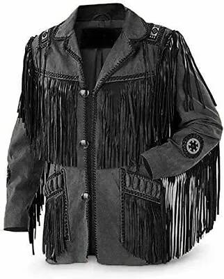 Men Native American Cowboy Leather Black Western Suede Jacket With Fringe & Bead • $124.99