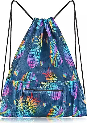 Mesh Drawstring Bag With Zipper Pocket Beach Bag For Swimming Gear Backpack Gym • $16.88