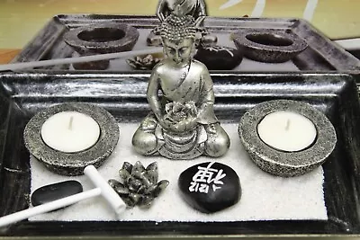 NEW Feng Shui Tabletop Zen Garden: Buddha Rock Rake Sand 2 Tea Light Candle • £15