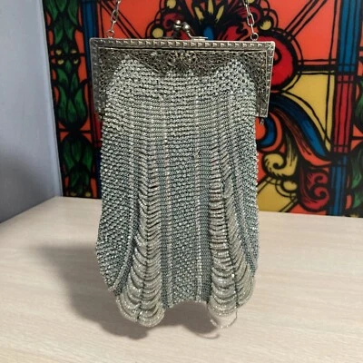 $50 • Buy Antique Micro  Bead Purse Vintage Metal Beaded Fringe Flapper Bag Read