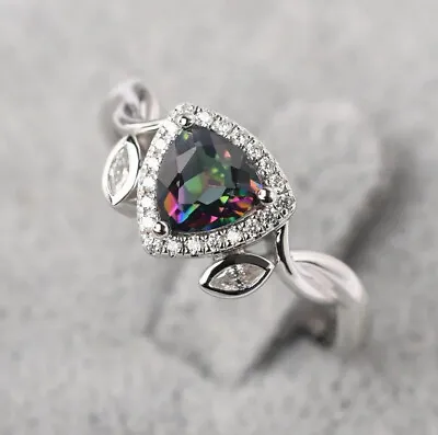 Mystic Topaz Zircon Leaf Ring Sizes M N P R T Sterling Silver 925 Plated • £7.90