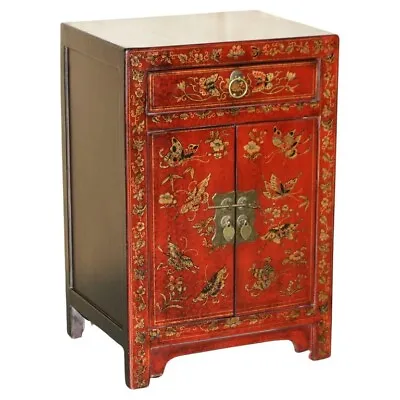 Vintage Chinese Hand Painted Lacquered Side Table Sized Cupboard With Drawer • $1556.38