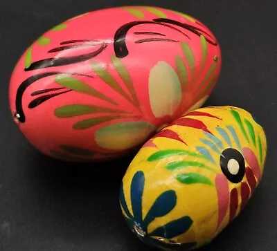 Set Of 2 Hand Painted Wooden Easter Eggs Bright Colors With Flowers Decorative  • $12.10