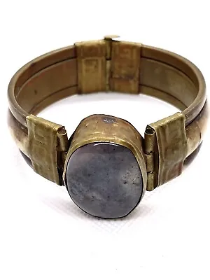 Vintage Brass  Cuff Bracelet W/Blue/ Gray Grey Agate Stone Hinged • $29.99