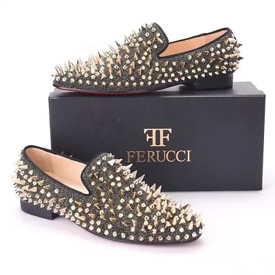 Men FERUCCI Gray Velvet Slippers Loafers Flats Gold Spikes Rivet Wedding Prom • $199.99