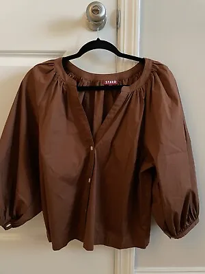 Staud Womens Cotton Puff Sleeve V-Neck Button Front Blouse Top Brown Size L • $42