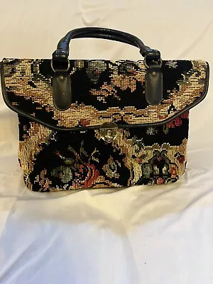 Vintage Jaclyn Black Floral Needlepoint Fabric Tapestry Carpet Hand Bag/Purse • $34.99